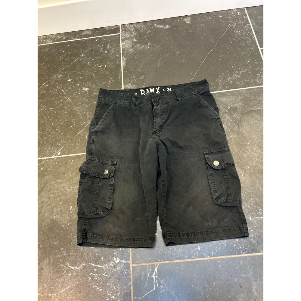 Raw X Mens Cargo Shorts Black Faded Twill Multi Pocket Relaxed Fit Size 34